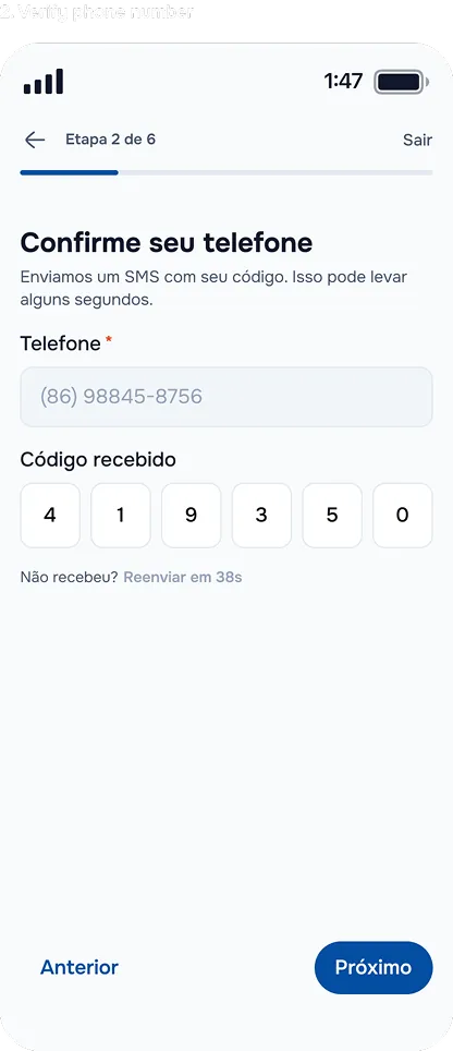Step 2: phone verification with an SMS code