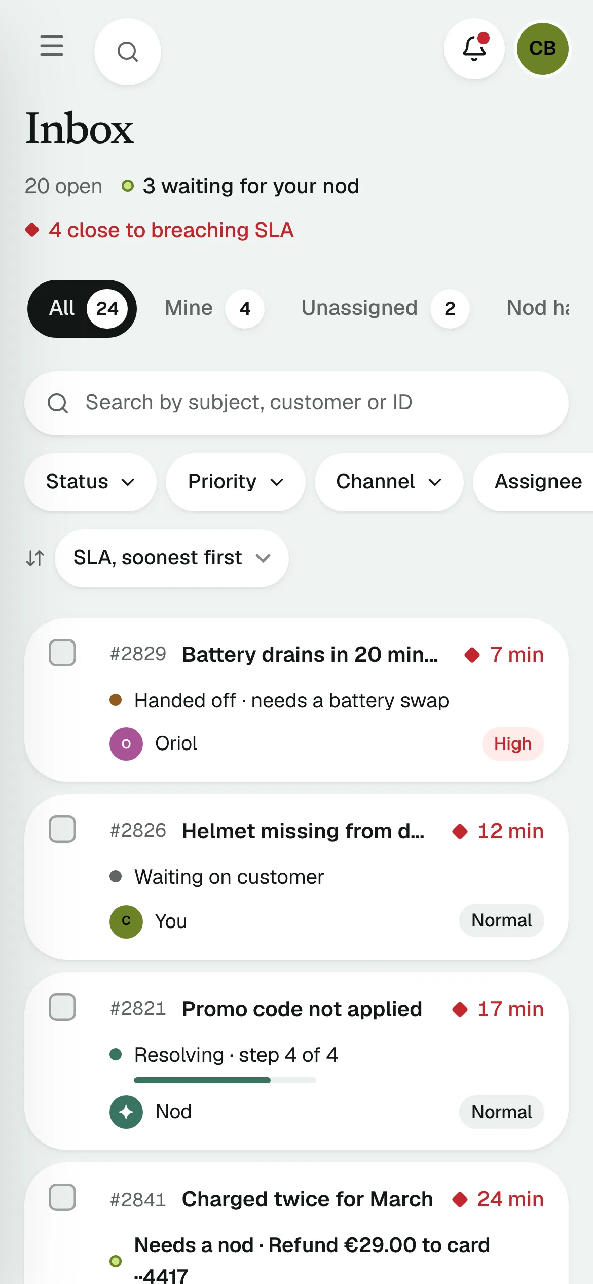 The inbox at phone width: rows become cards