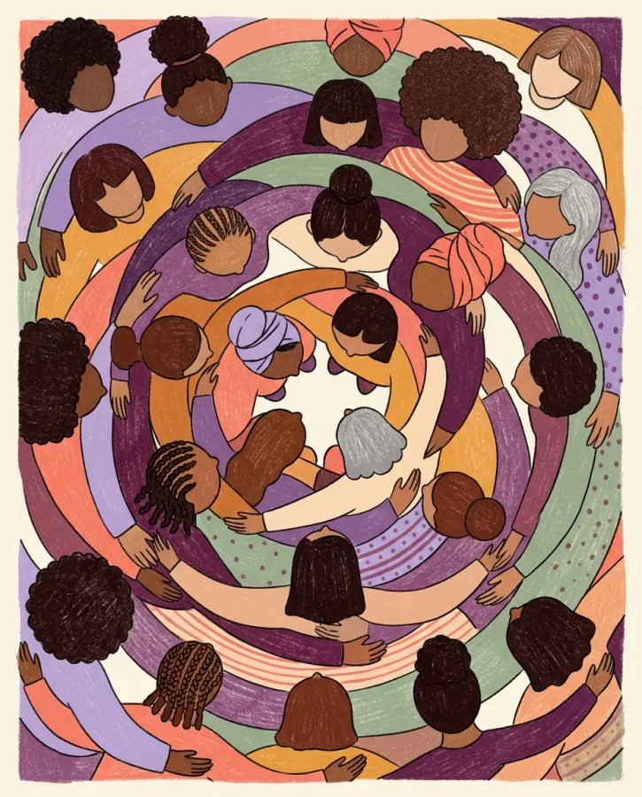 A collective embrace seen from above, women of many backgrounds