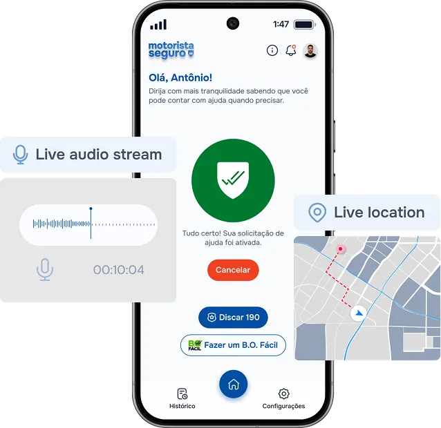 The alert-active screen with callouts for the live audio stream and the live location on a map