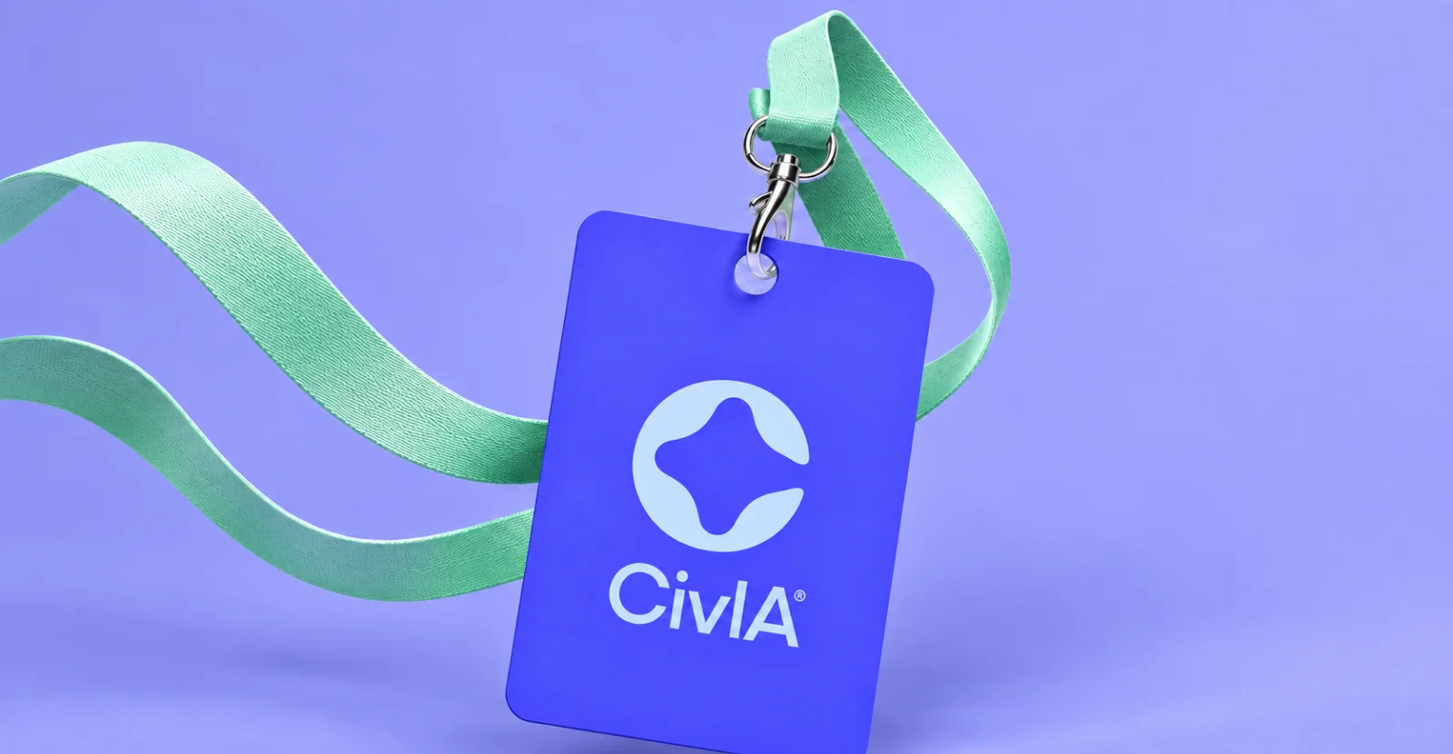 Medium Slate Blue ID badge with the Civia logo on a mint lanyard