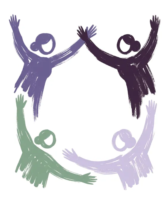 Brush-stroke figures reaching for each other in a circle