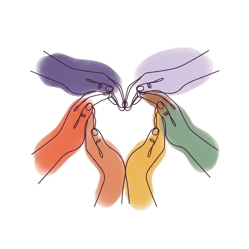 Six hands forming a heart