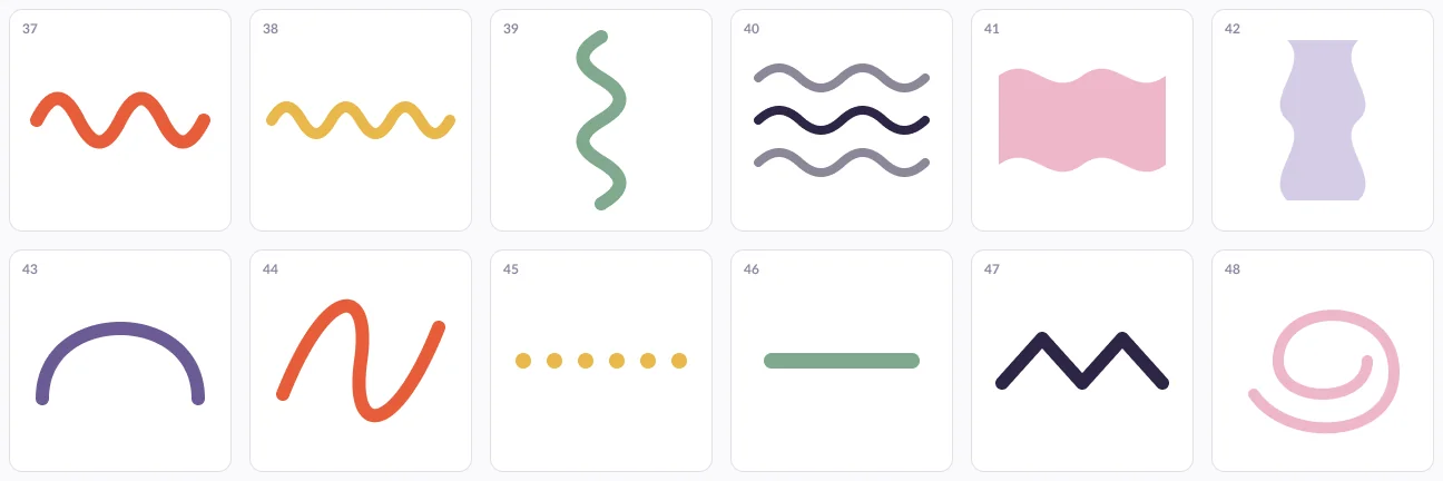 Twelve line shapes: waves, squiggles, dotted lines, a spiral