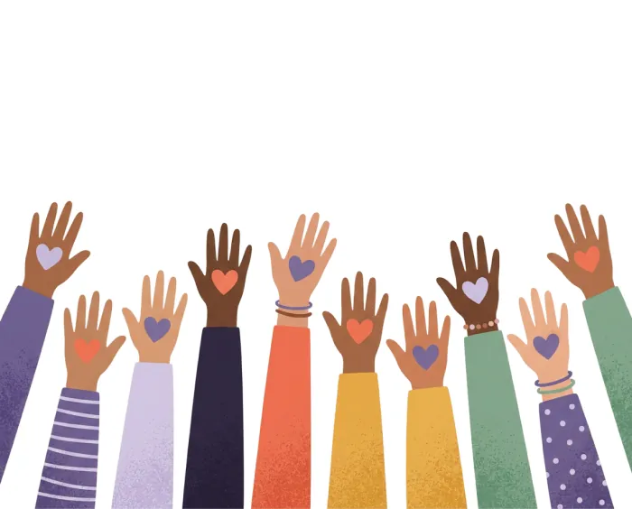 Raised hands with hearts on their palms