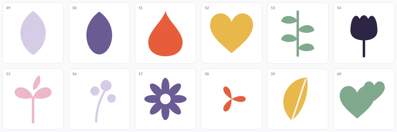 Twelve botanical shapes: leaves, drops, hearts, tulip, sprouts