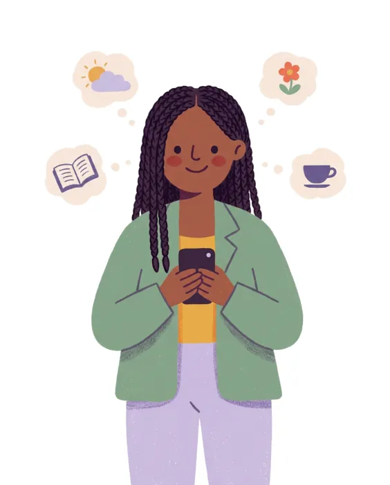 A woman with braids smiling at her phone, everyday thoughts around her