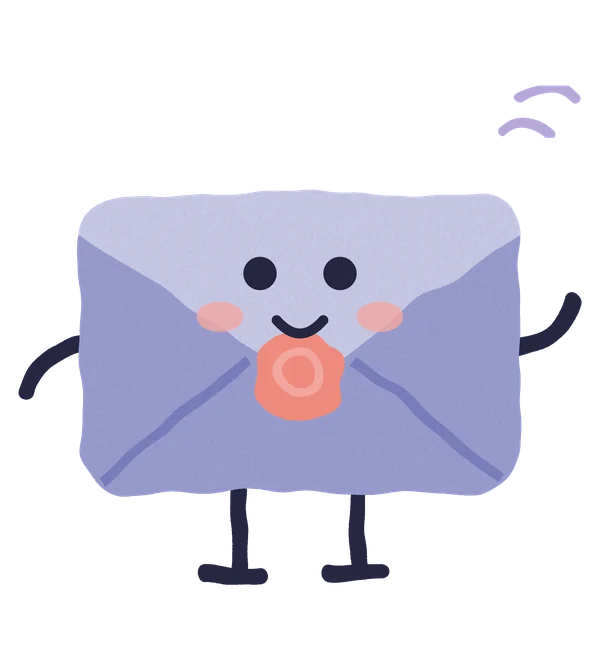 Envelope: a periwinkle envelope with a guava wax seal, waving