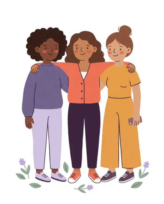 Three friends standing arm in arm