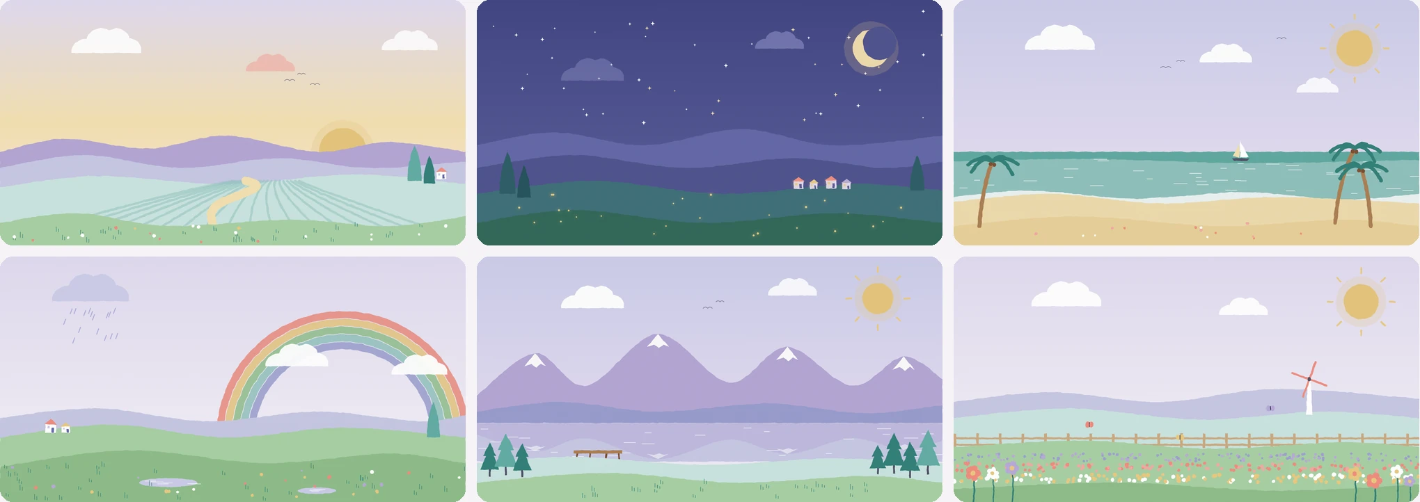 Six landscape illustrations: dawn fields, a night village, a beach, a rainbow, a lake with mountains and a flower garden