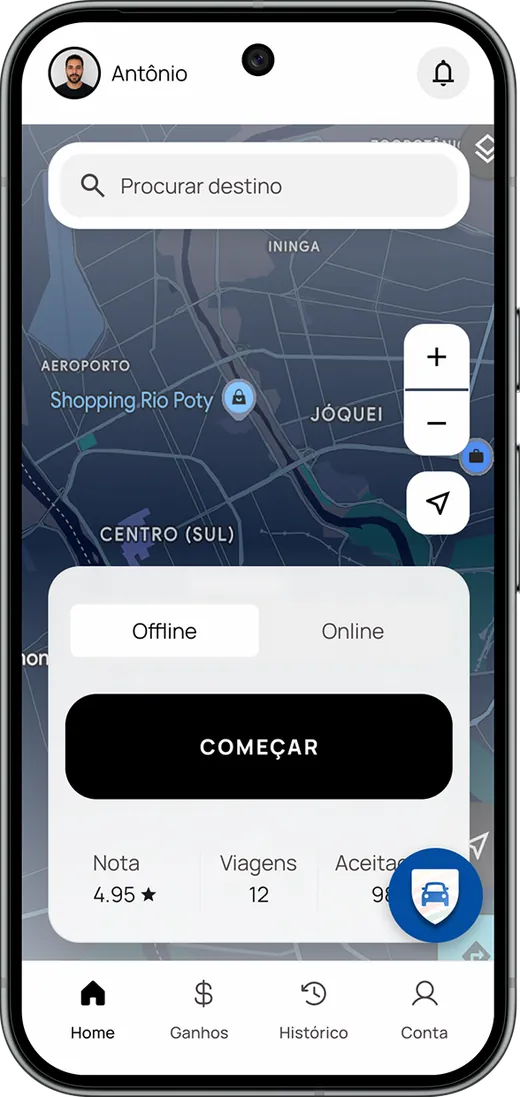 A ride-hailing app map with the Motorista Seguro shield button floating in the bottom corner