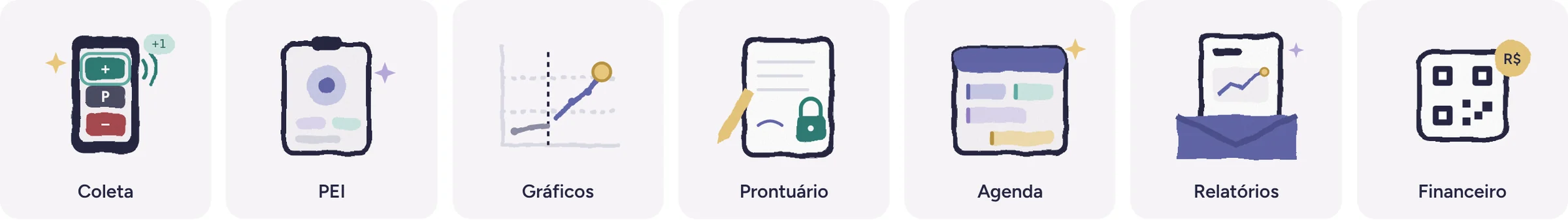 Seven chalk icons from the landing page: Coleta, PEI, Gráficos, Prontuário, Agenda, Relatórios and Financeiro