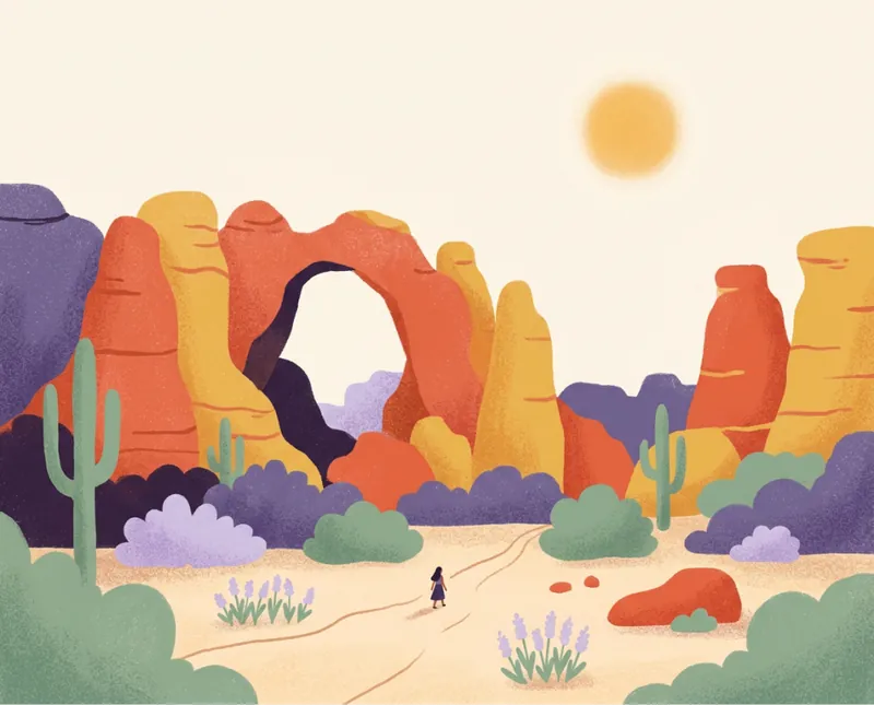 A woman walking a path toward red and ochre stone arches