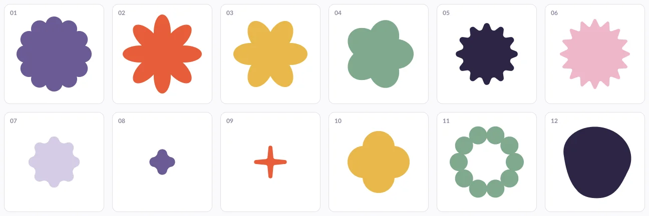 Twelve organic shapes: flowers, bursts, petals, a blob