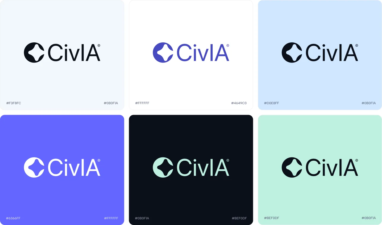 The wordmark on six approved backgrounds: ice, white, Columbia Blue, Medium Slate Blue, Rich Black and Celadon