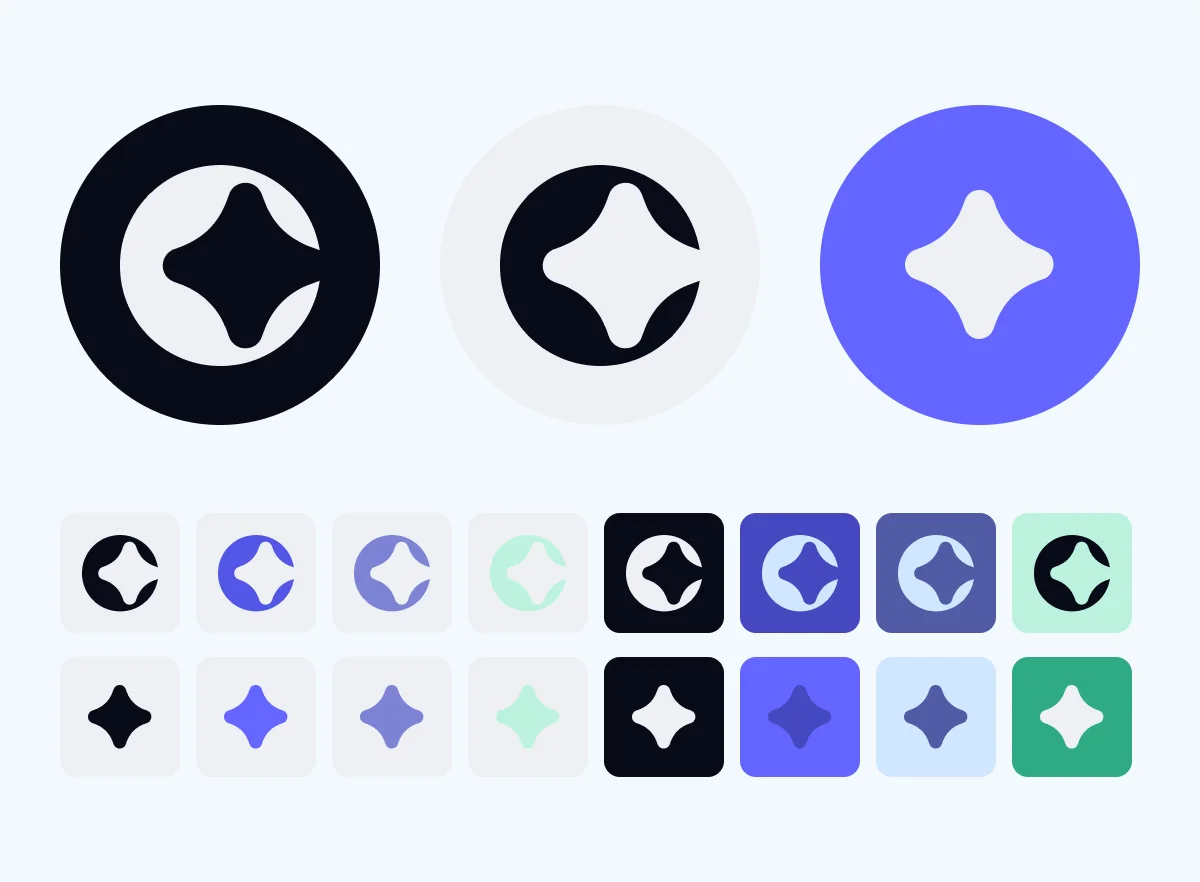 Grid of Civia avatars: the symbol and star on black, ice, blue and mint backgrounds