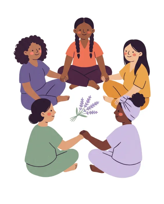 Five women sitting in a circle holding hands around a lavender sprig