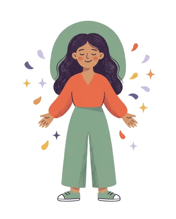 A woman with eyes closed and open arms, calm and confident