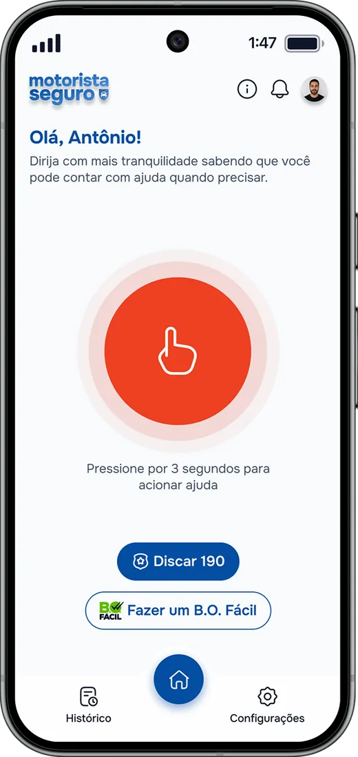 Home screen with a large red panic button and the instruction to press for 3 seconds, plus Call 190 and online police report buttons