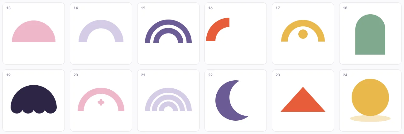 Twelve shelter shapes: arches, domes, a portal, an umbrella, a moon