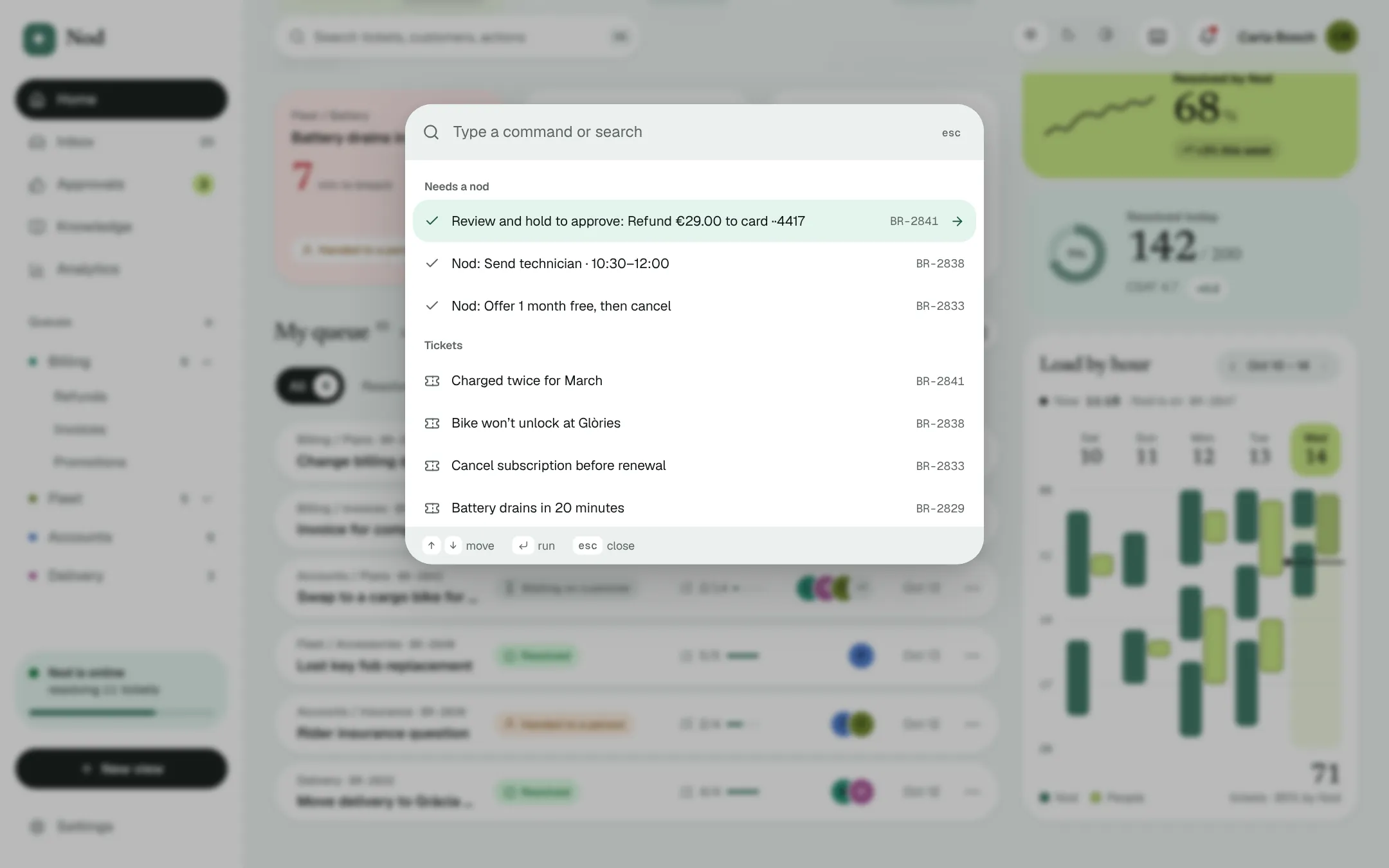Command palette open over the dashboard with approve, open ticket and mode commands