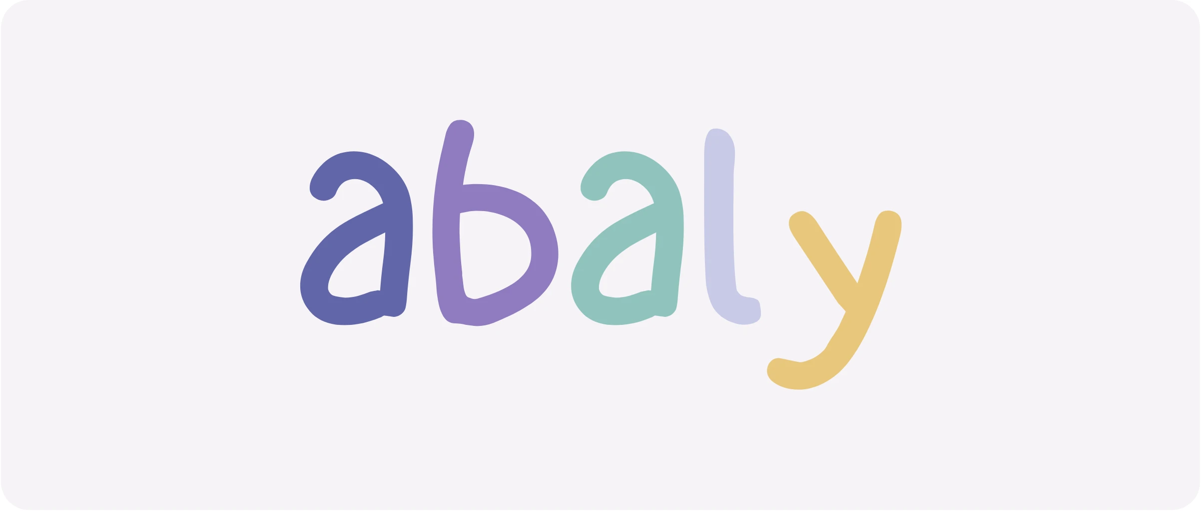 The abaly wordmark: five hand-drawn lowercase letters in periwinkle, lavender, teal, light periwinkle and marigold