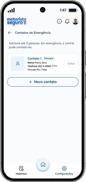 Emergency contacts screen: up to five people, with the main contact and a button to add a new one
