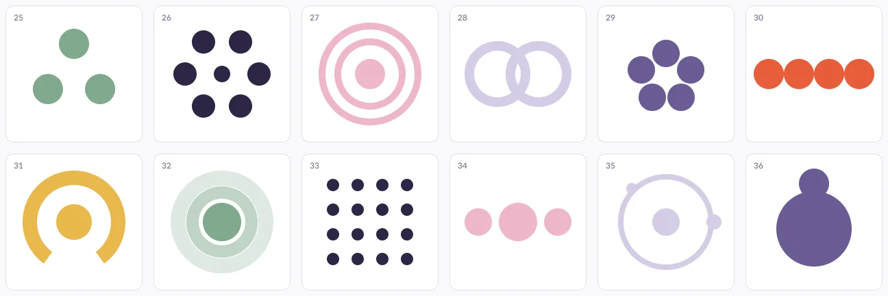 Twelve network shapes: dot clusters, concentric rings, links, orbits