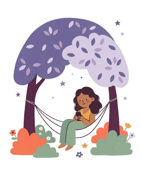 A woman relaxing in a hammock under flowering trees, holding her phone