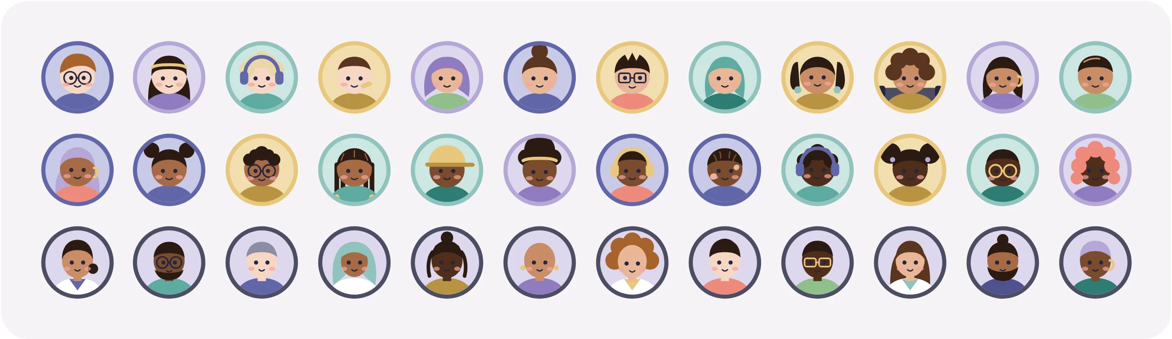 Thirty-six avatars in three rows: twenty-four patients with coloured rings and twelve team members with slate rings